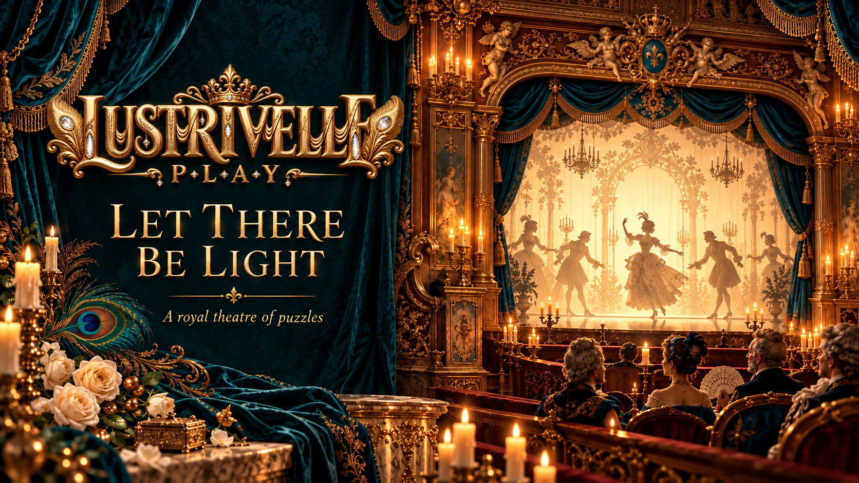 Lustrivelle Play title over a candlelit court theatre